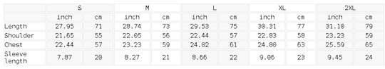 Measurement chart for clothing sizes S to 2XL with dimensions in inches and centimeters.