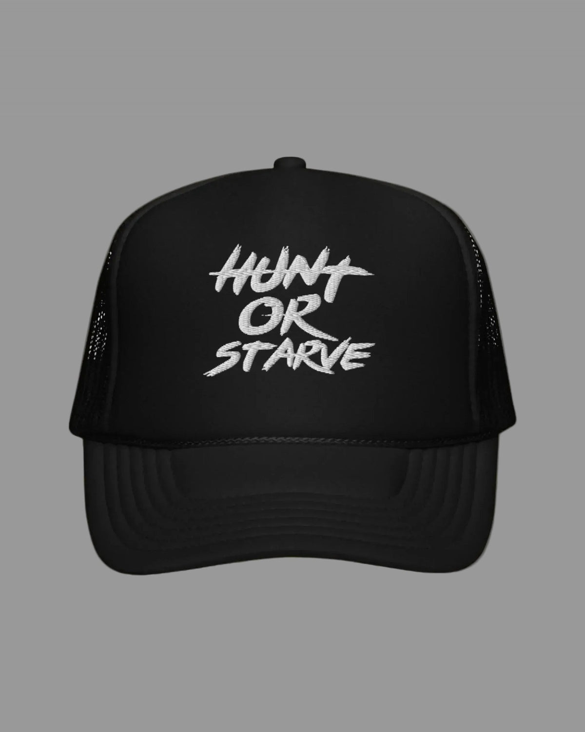 Black trucker cap with 'Hunt or Starve' text on a white background