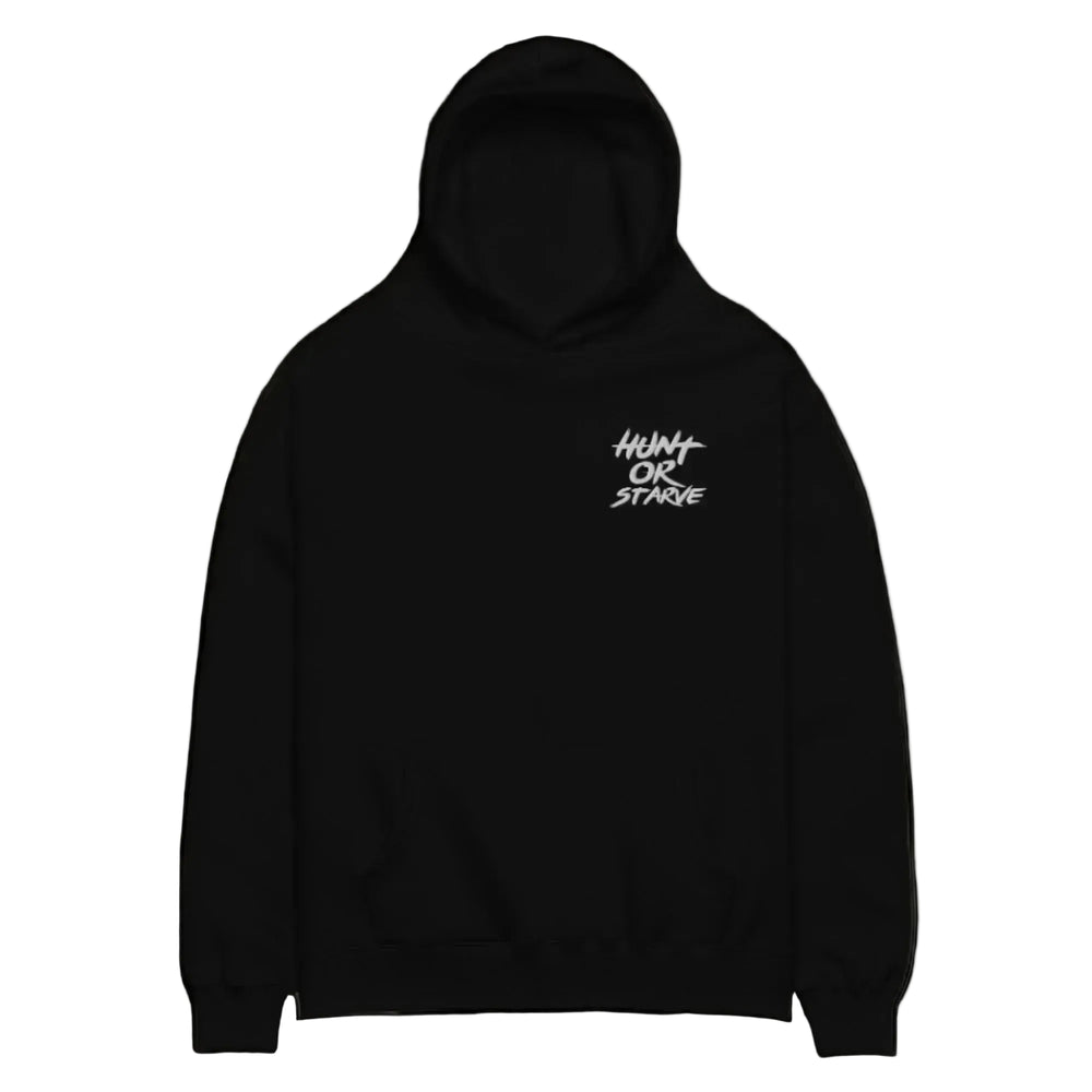 Black hoodie with 'Hunt or Starve' text on a mustard white background