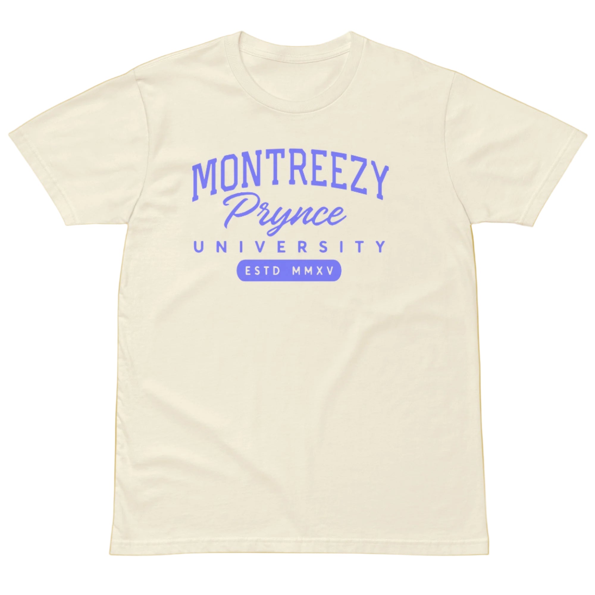 Beige t-shirt with purple 'Montreezy Prynce University' text on a white background