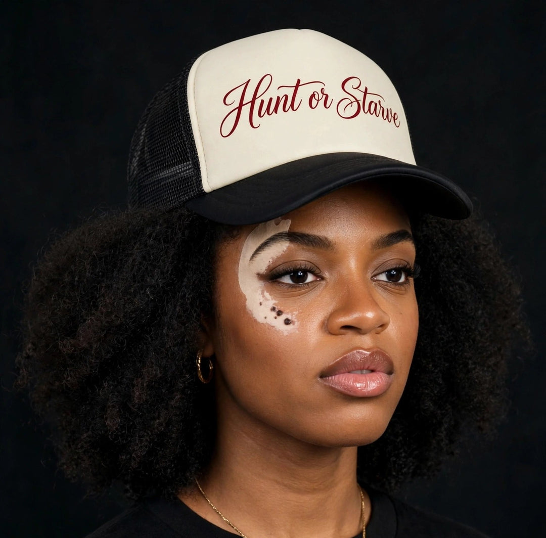 Camila wearing the Hunt or Starve Script Foam Trucker Hat — foam trucker hat with HUNT OR STARVE script print