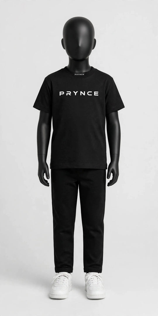 PRYNCE Cubs Essential Tee in black with white PRYNCE logo on a black kids mannequin, full body