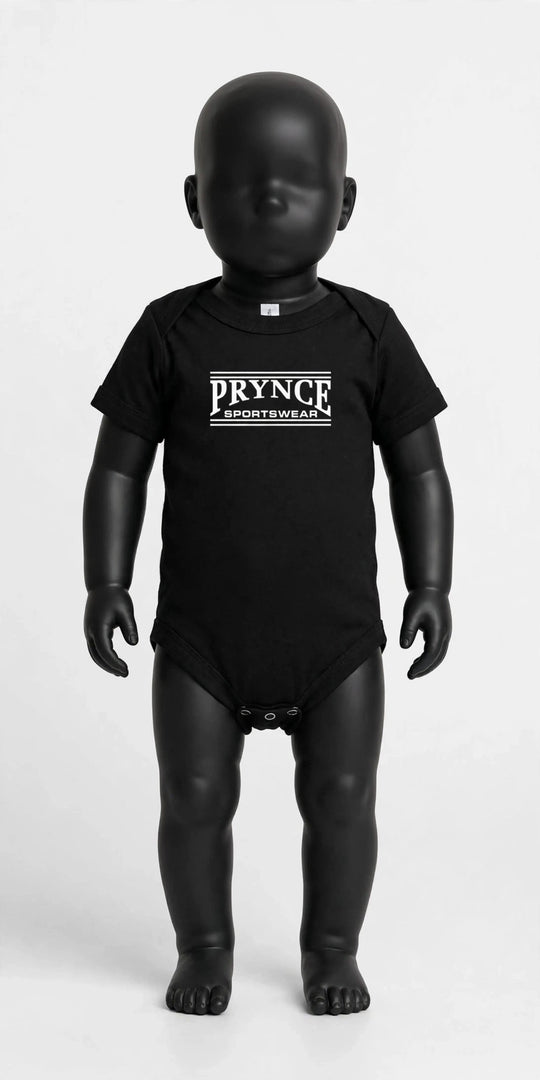 Little Champion Prynce Sports Baby Onesie in black with white PRYNCE SPORTSWEAR print on a black baby mannequin, full body