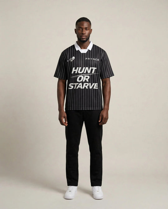 Chris wearing the Hunt or Starve Pinstripe Kit Jersey in black with white HUNT OR STARVE print, full body